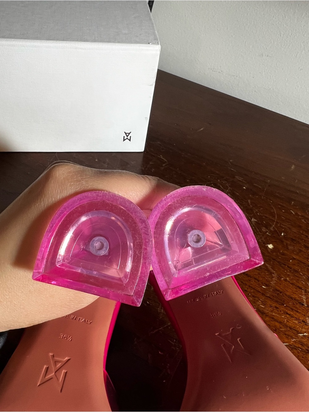 Amina Muaddi Hot Pink Crystal Bow PVC Mules - Picture 5 of 10